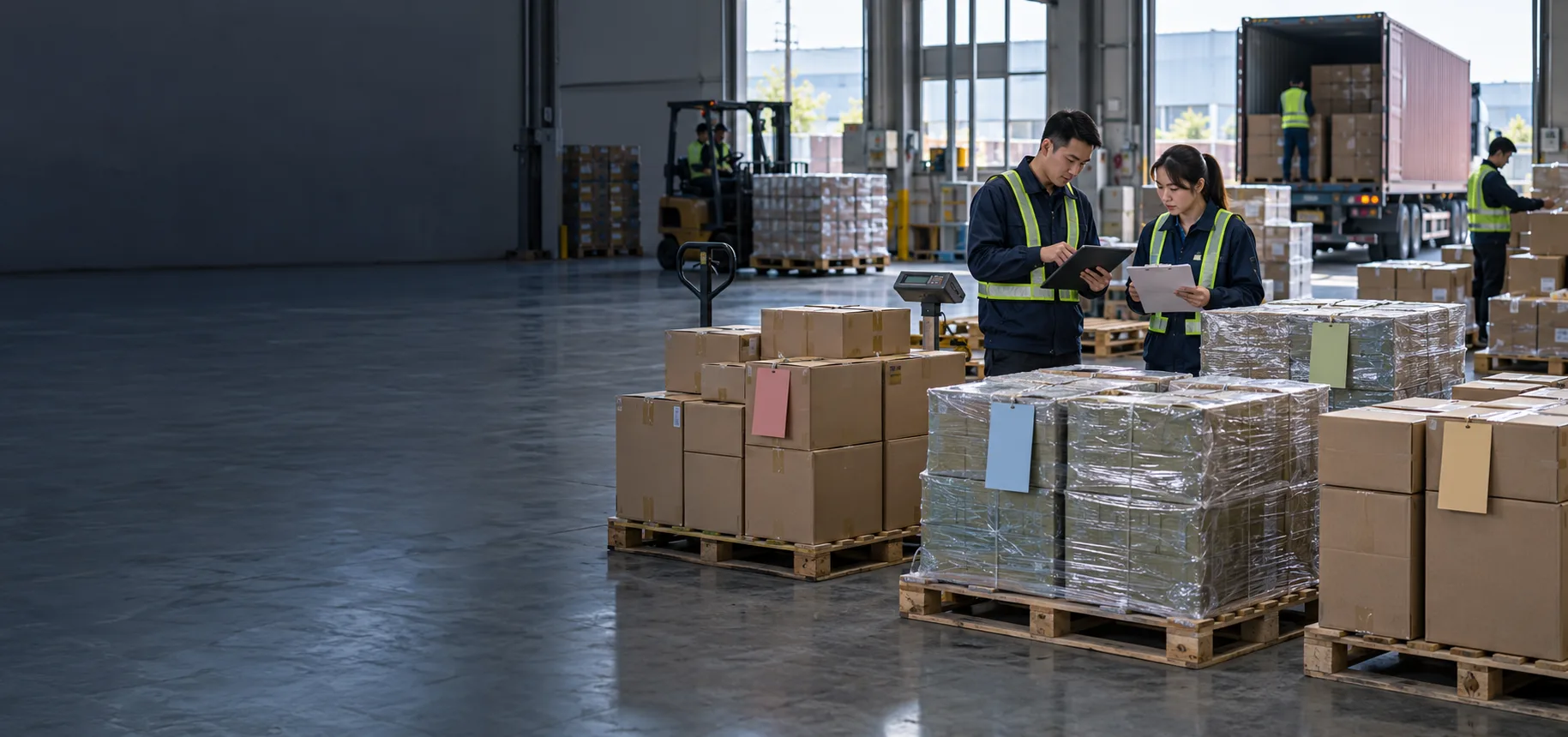 Export cartons being checked and consolidated in a warehouse