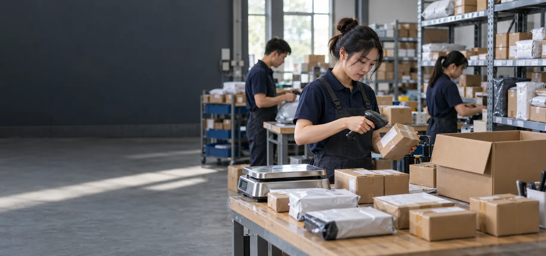 Parcels prepared for consolidation at a China fulfillment facility