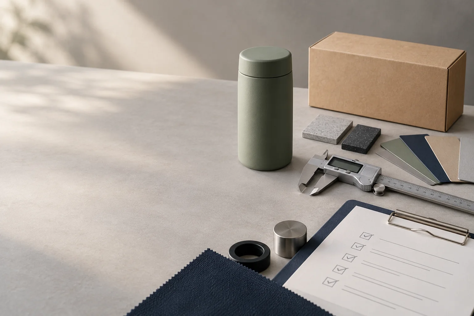 Quality-control planning materials with a product sample, caliper and material swatches.