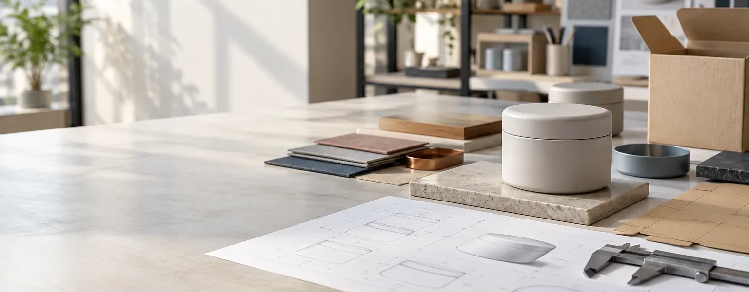 Concept image of product sourcing planning materials, sample packaging and measurement tools on a worktable.